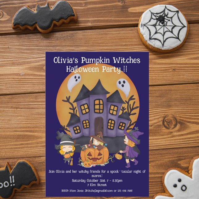 Kids Pumpkin Witches Halloween fest Inbjudningar (Pumpkin Witches Halloween Party Invite)