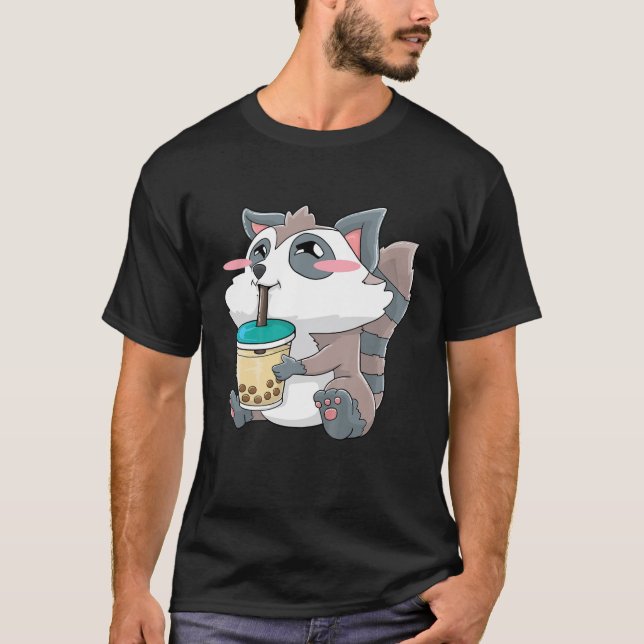 Kids Raccoon Bubble Tea Boba Drink Kawaii Cute Gif T Shirt (Framsida)