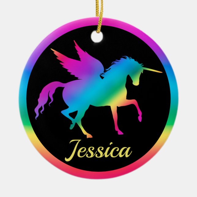Kids Rainbow Gradient Unicorn Silhouette Julgransprydnad Keramik (Framsidan)