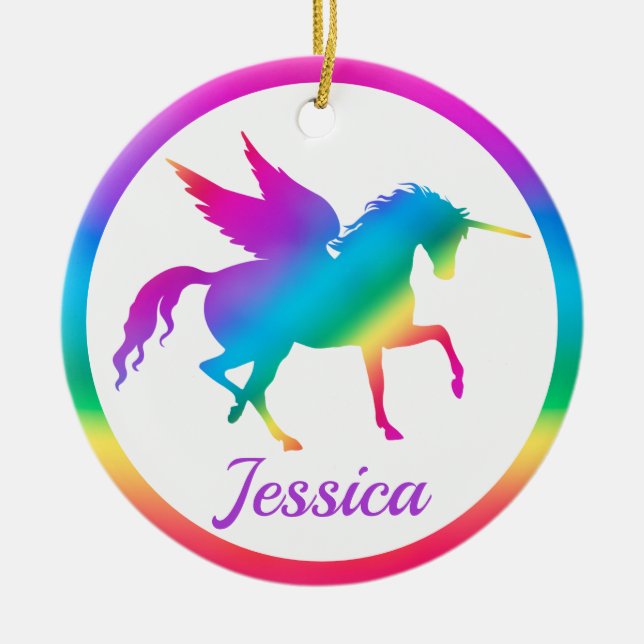 Kids Rainbow Gradient Unicorn Silhouette Julgransprydnad Keramik (Framsidan)