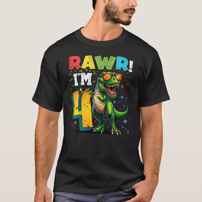 Kids Rawr I'm 4 4th Birthday T Rex Dinosaur Party  T Shirt (Framsida)