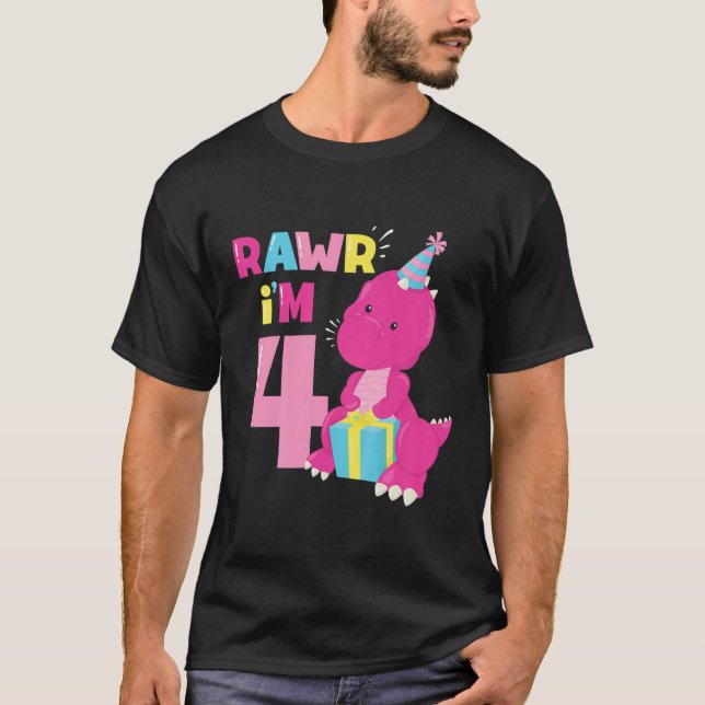 Kids Rawr Im 4 Dinosaur Girl 4e födelsedagen Party T Shirt (Framsida)