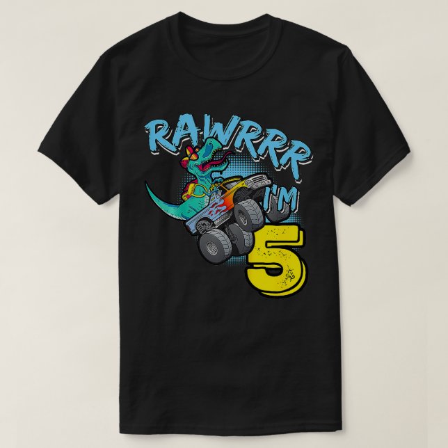 Kids Rawr Im 5 5:e födelsedagsmonster Lastbil TRex T Shirt (Design framsida)
