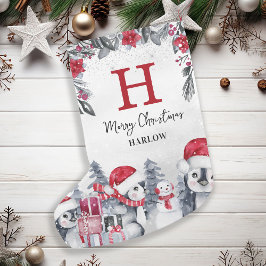 Kids Red Penguin Monogram Namn Liten Julstrumpa
