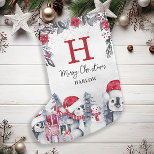 Kids Red Penguin Monogram Namn Liten Julstrumpa