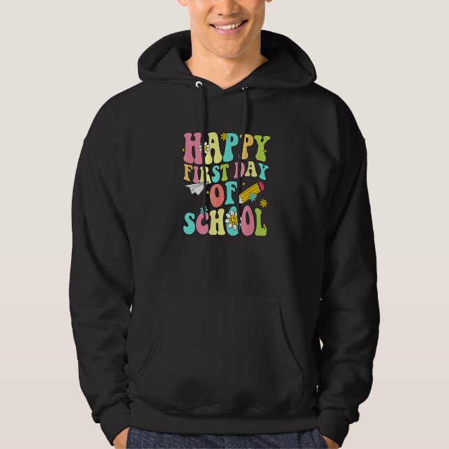 Kids Retro Groovy Happy First Day Of School Teache Hoodie (Framsida)