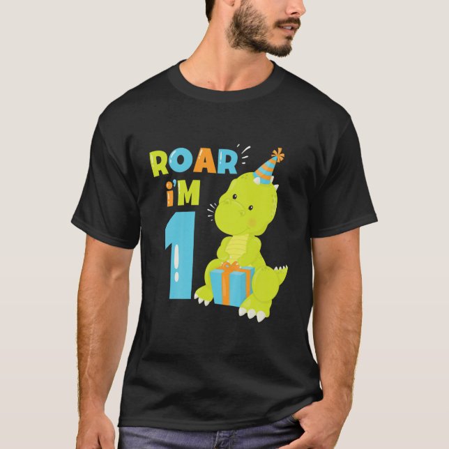Kids Roar Im 1 Dinosaur 1St Birthday Party For 1 Y T Shirt (Framsida)