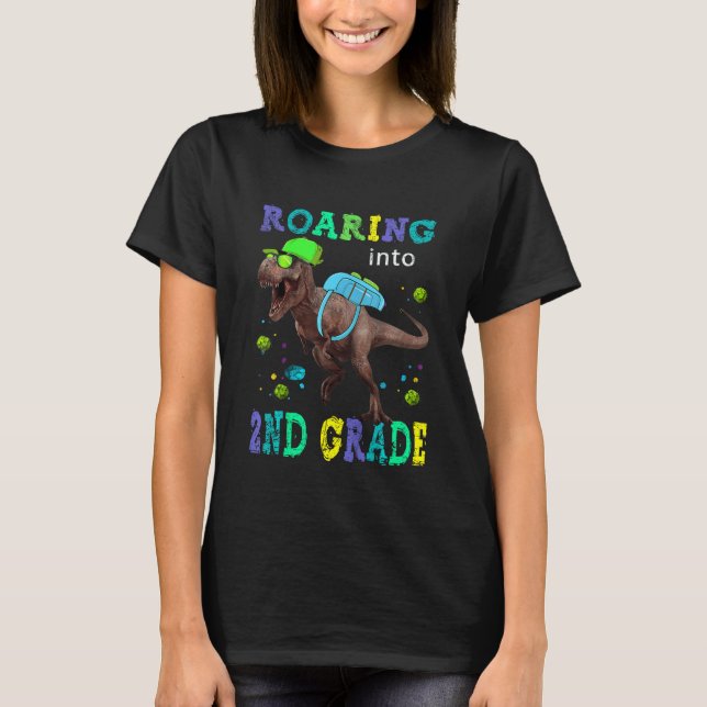 Kids Roaring Into 2nd Grade Dinosaur 1st Day Back  T Shirt (Framsida)