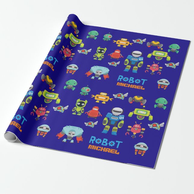 Kids ROBOT med namnet Royal Blue Tecknad Funny Rob Presentpapper (Utrullad)