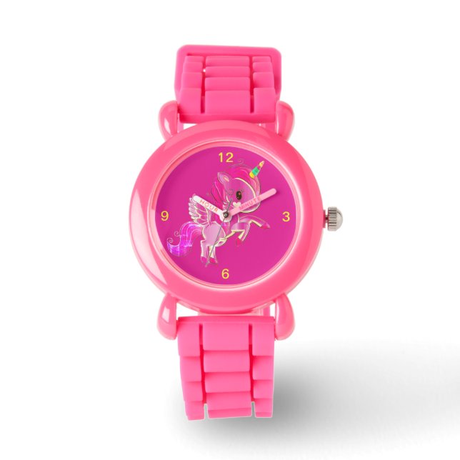 Kids Rosa Glitter Strap Cute Winged Unicorn Watch Armbandsur (Framsida)