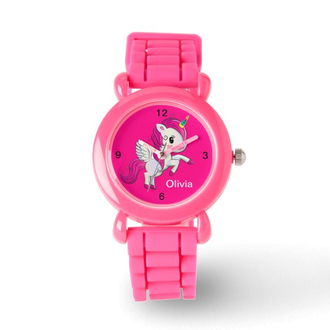 Kids Rosa Glitter Strap Cute Winged Unicorn Watch Armbandsur (Framsida)