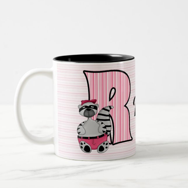 Kids Rosa Raccoon Monogram Brev R med Namn Två-Tonad Mugg (Vänster)