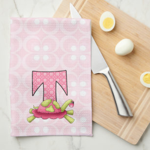 Kids Rosa Turtle Monogram Brev T Kökshandduk