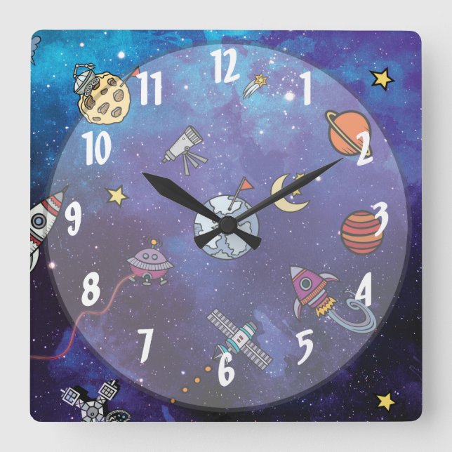 Kids Rymden Fyrkantig Klocka (Framsida)