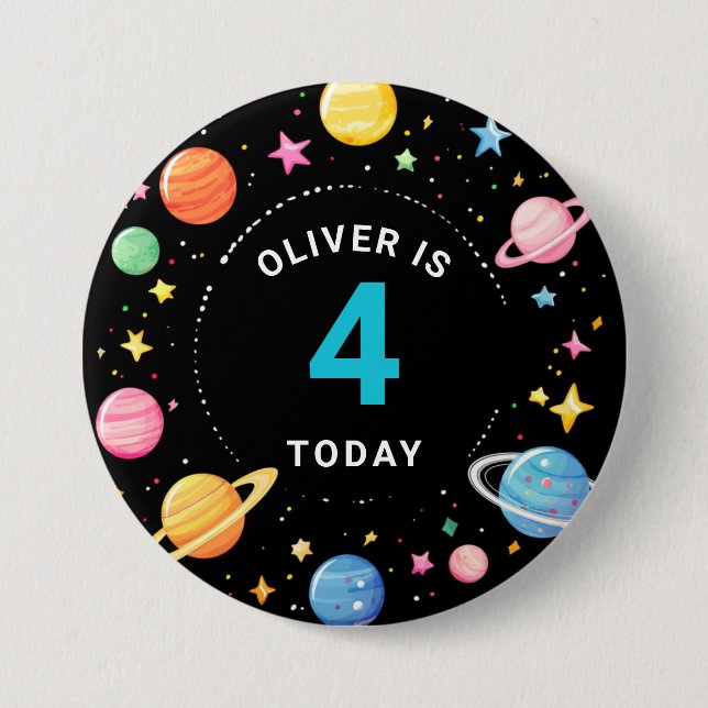 Kids Rymden Planets Birthday Namn Badge Knapp (Framsida)