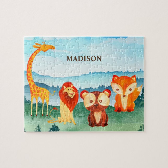 Kids Safari Animals Grönt Blue Forest Cute Pussel (Horisontell)