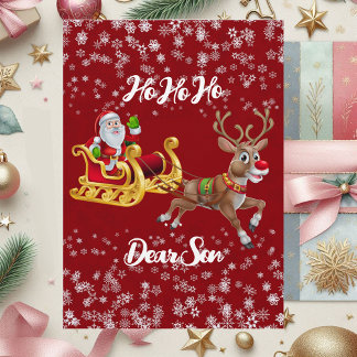 Kids Santa Reindeer Sleigh Snowflake Red Julkort