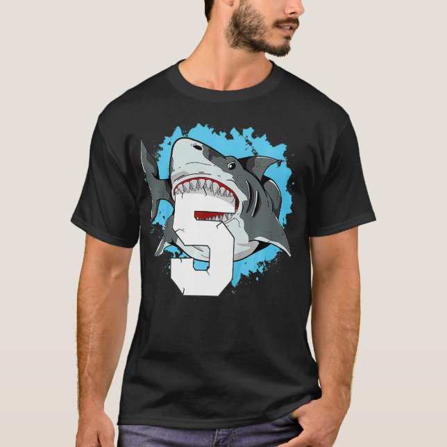 Kids Shark 5th Birthday Boy 5 Five Shark Theme Par T Shirt (Framsida)