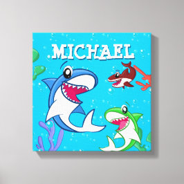 Kids Shark Tecknad Underwater Blue Sea Life Ocean Canvastryck