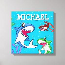Kids Shark Tecknad Underwater Blue Sea Life Ocean Canvastryck