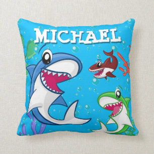 Kids Shark Tecknad Underwater Blue Sea Ocean Boys Kudde