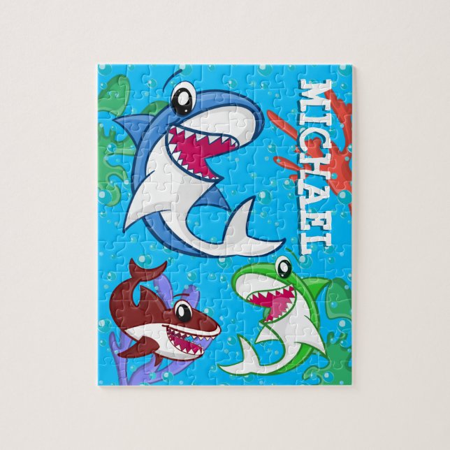 Kids Shark Tecknad Underwater Blue Sea Ocean Fish Pussel (Vertikal)
