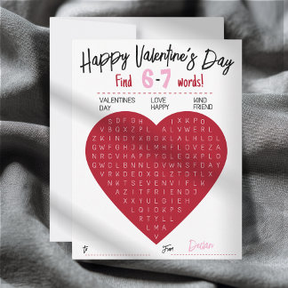 Kids Six Seven Valentine Word Search Heart Class Anteckningskort