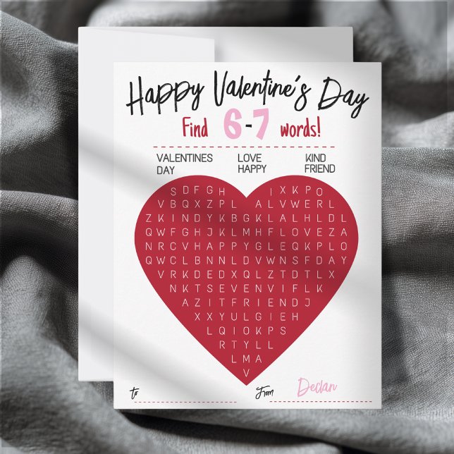 Kids Six Seven Valentine Word Search Heart Class Anteckningskort (Skapare uppladdad)