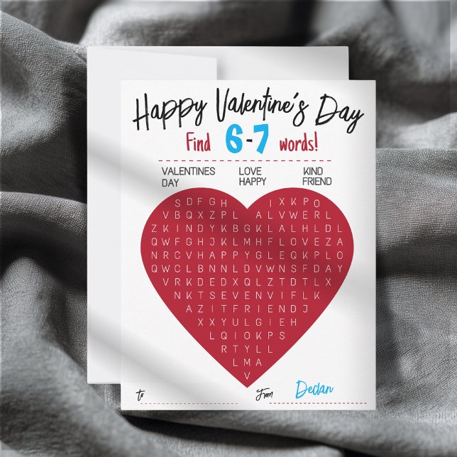 Kids Six Seven Valentine Word Search Heart Class Anteckningskort (Heart Word Search Valentine’s Day Card Editable Name Perfect for Students & Teachers)