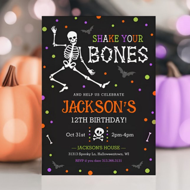 Kids Skeleton Halloween Birthday-inbjudan Inbjudningar (Skeleton Kids Halloween Party Invitation)