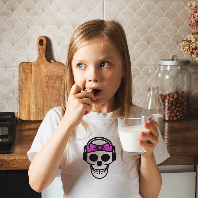 Kids Skull DJ - Girls Rosa Bow, hörlursdesign T Shirt (Skapare uppladdad)