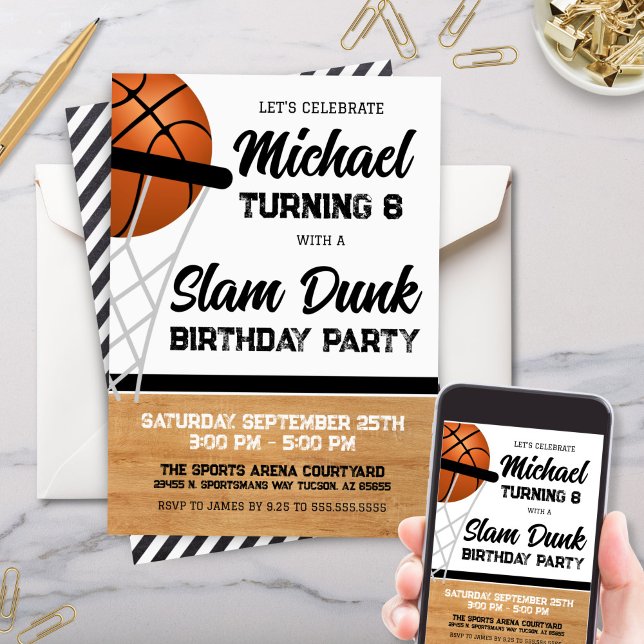 Kids Slam dunk Basketball Födelsedagsfest Inbjudningar (Modern Boys Kids Slam Dunk Basteball Theme Birthday Party Invitation or watch party invites)