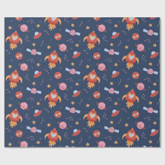 Kids Space Pattern with Rockets & Planets Presentpapper