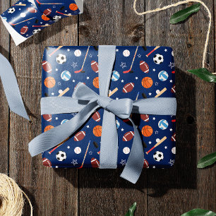 Kids sportutrustning Mönster på Blue Birthday Presentpapper