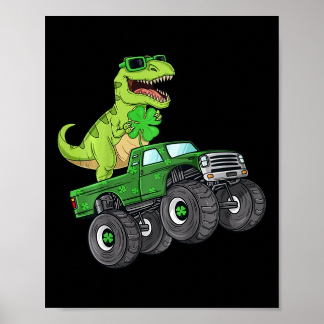 Kids St patricks day T Rex Riding Monster Lastbil  Poster (Framsidan)