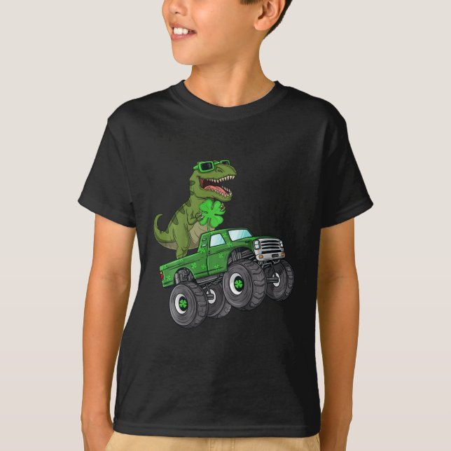 Kids St patricks day T Rex Riding Monster Lastbil  Shirt (Framsida)