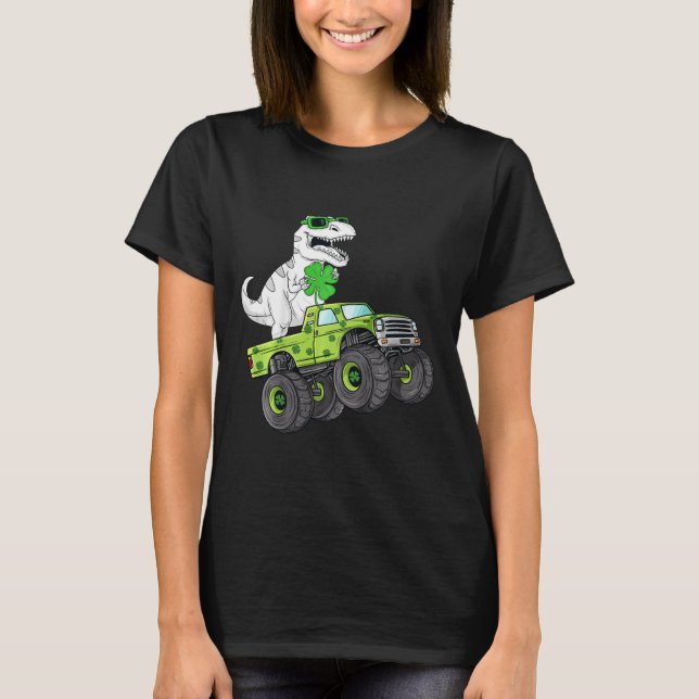 Kids St patricks day T Rex Riding Monster Lastbil  T Shirt (Framsida)