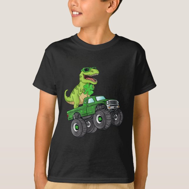 Kids St patricks day T Rex Riding Monster Lastbil  T Shirt (Framsida)