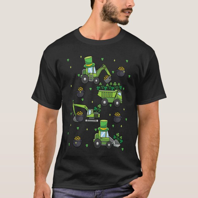 Kids St Patricks Day Trucks Construction Excavator T Shirt (Framsida)