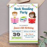 Kids Story Bok Reading Födelsedagsfest inbjudan<br><div class="desc">Förbluffa dina gäster med det här färgstarka födelsedagsfest inbjudan med söta barn och färgstarkt bokar med vibrerande typografi mot en vit bakgrund. Lägg bara till din händelseinformation i den här mallen som är enkel att använda för att göra den till en inbjudan av typen en. Vänd över kortet för att...</div>