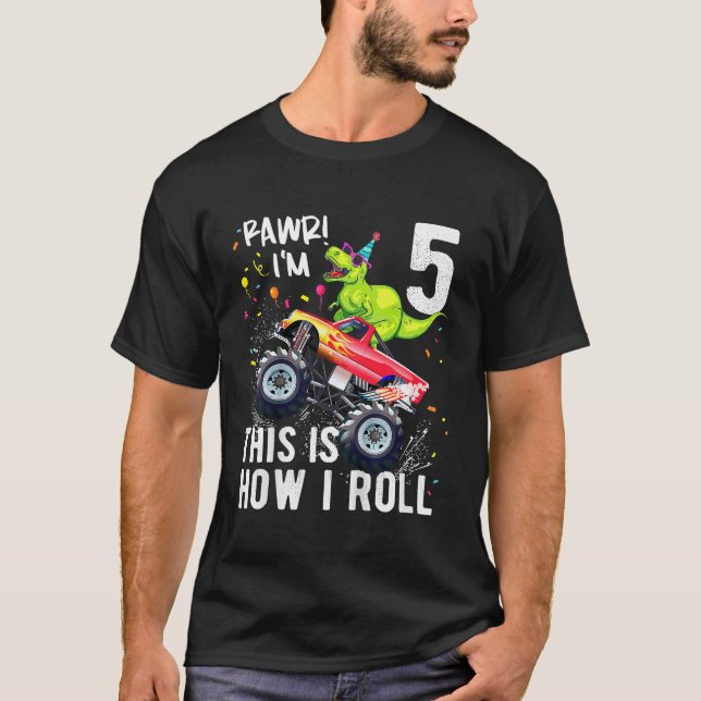 Kids T Rex Dinosaur Monster Lastbil 5:e födelsedag T Shirt (Framsida)
