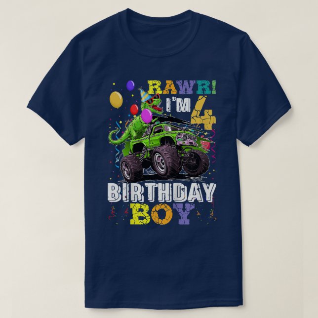 Kids T Rex Dinosaur Monster Truck 4th Birthday Boy T Shirt (Design framsida)
