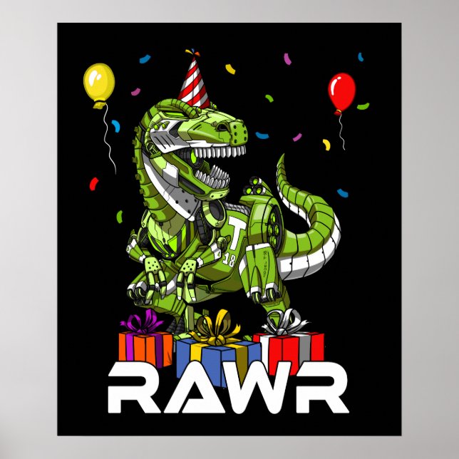 Kids T-Rex Dinosaur Robot Rawr Birthday Boy Party Poster (Framsidan)