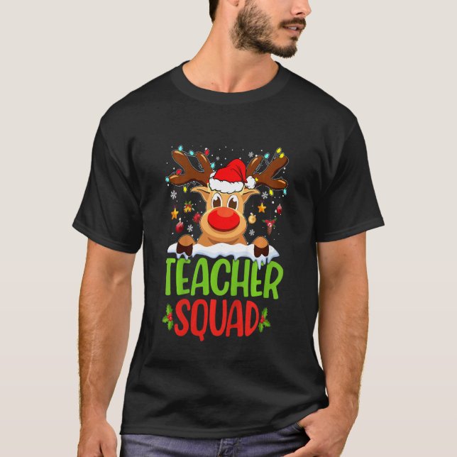 Kids Teacher Squad Santa Reindeer Christmas Lights T Shirt (Framsida)