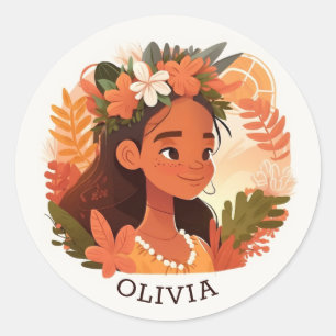 Kids tecknad Hawaiian Girl. Blommigt tropiska lei Runt Klistermärke