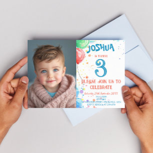 Kids Teckning Balloons and Rainbow Födelsedagsfest Inbjudningar