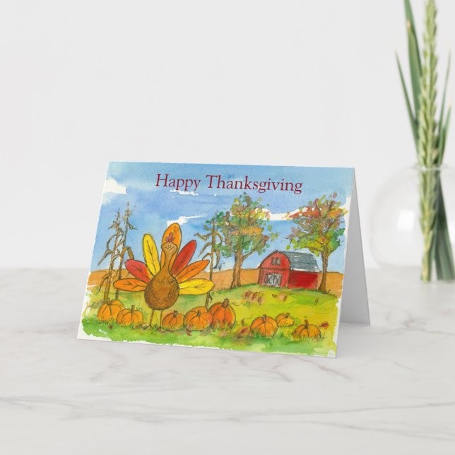 Kids Thanksgiving Turkey Red Barn Pumpkin Patch Helgkort (Framsida)