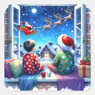 Kids tittar på jultomten Kväll vid jul Fyrkantigt Klistermärke