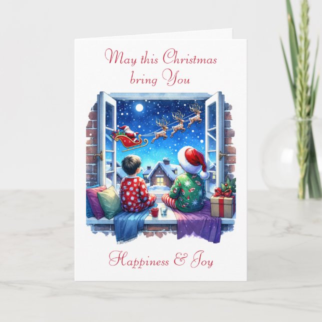 Kids tittar på jultomten Kväll vid jul Helgkort (Framsida)