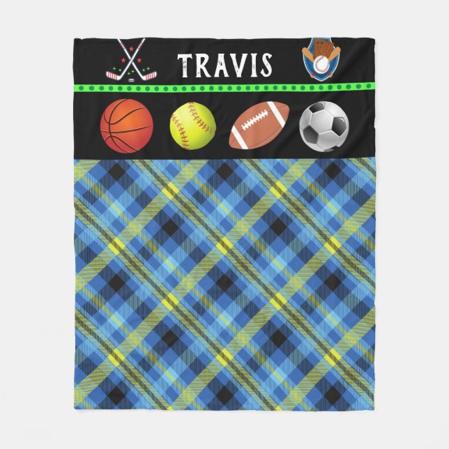 Kids Toppen Sports Tartan Personlig Ull Blan Fleecefilt (Framsidan)